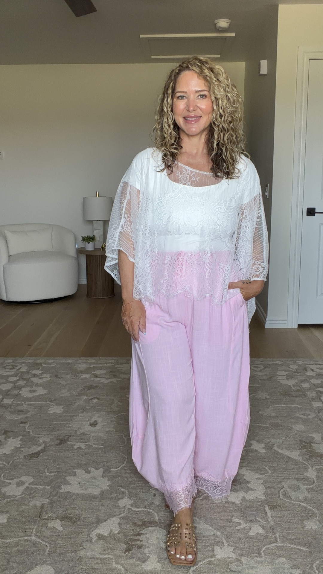 Size large in everything except the pink pants and lace poncho are a medium.

#LTKPetite #LTKMidsize #LTKOver40