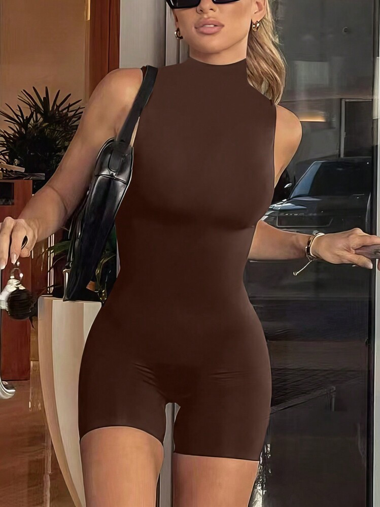 INAWLY Solva Ladies' Solid Color Standing Collar Unitard Jumpsuit | SHEIN