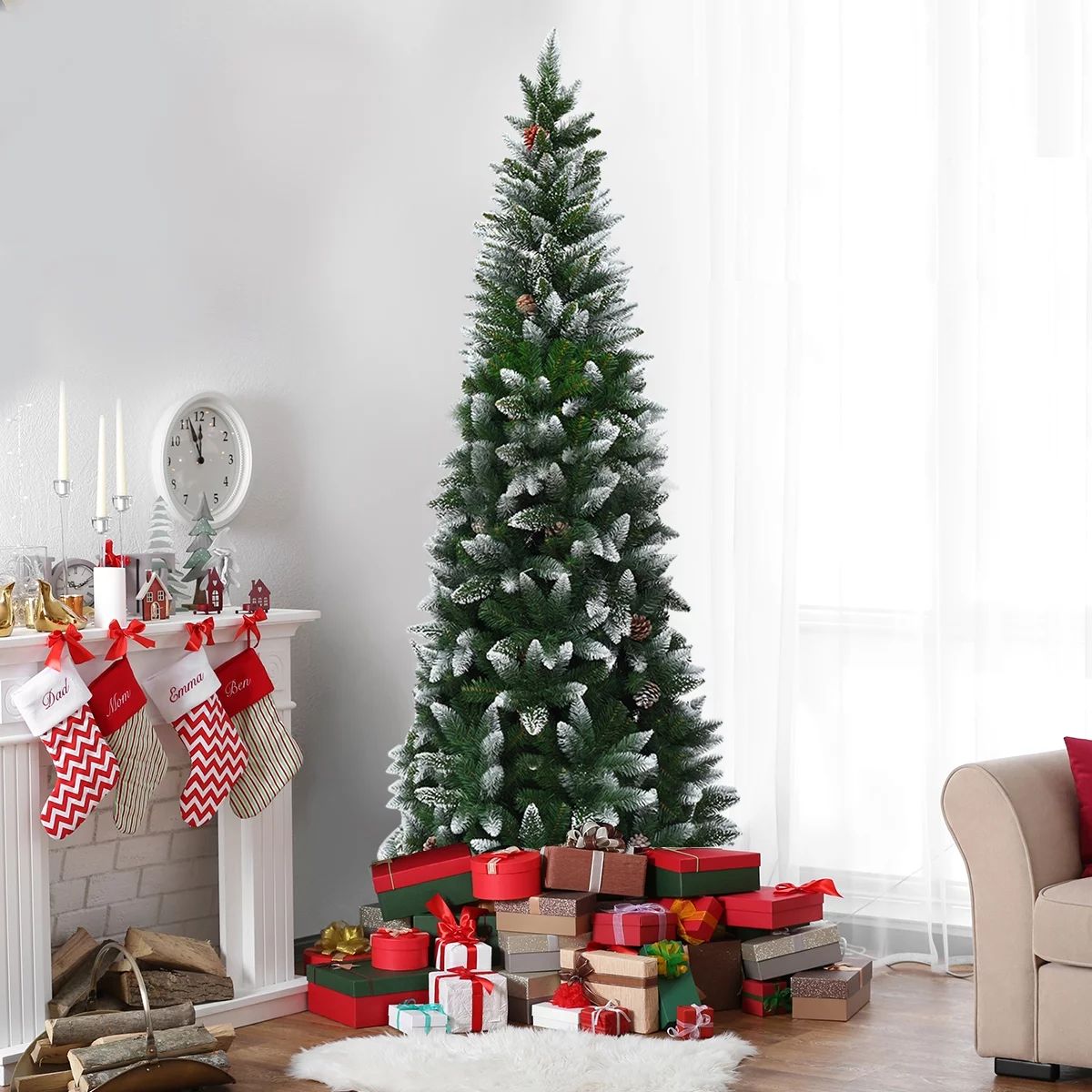Costway 7.5ft Snow Flocked Pencil Christmas Tree Hinged Pine Cones #LTKHoliday #LTKhome #LTKfamily  | Walmart (US)