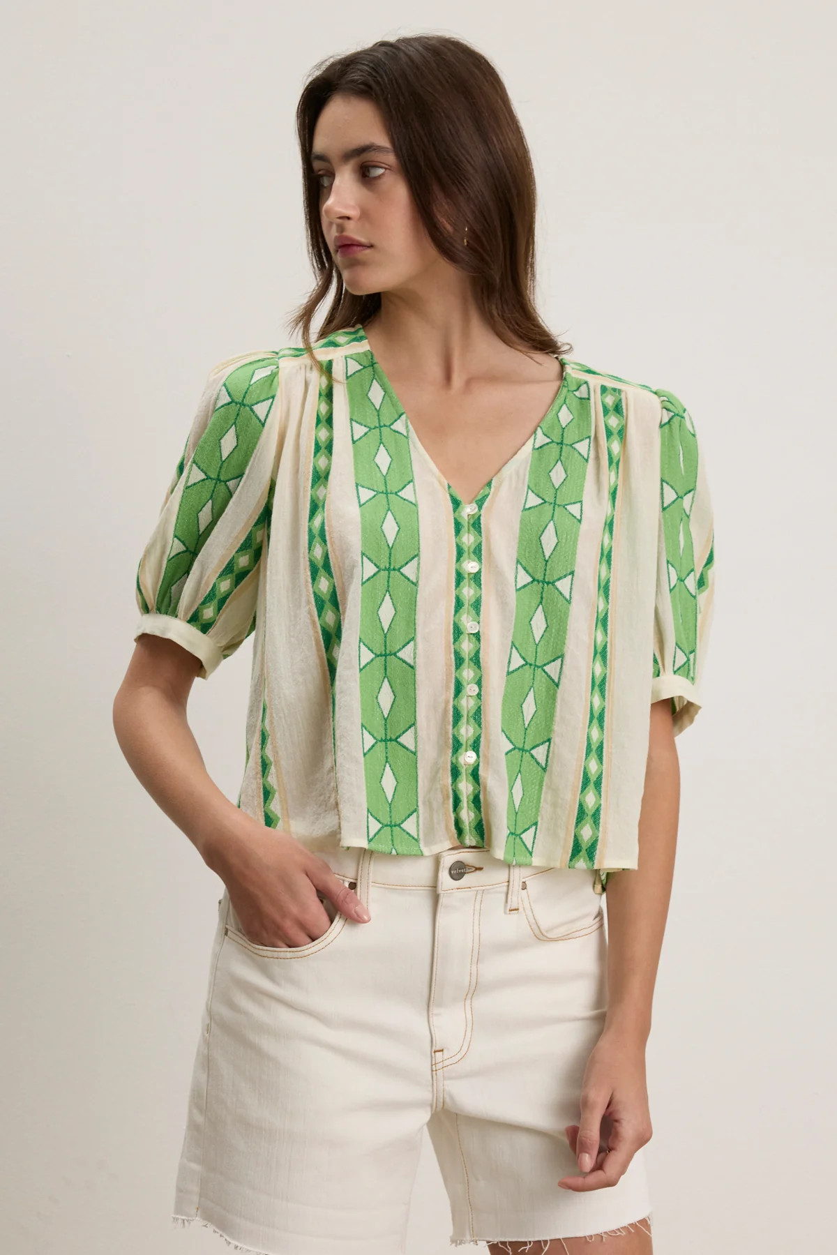 MARISSA COTTON JACQUARD BUTTON FRONT V-NECK TOP | Velvet by Graham & Spencer