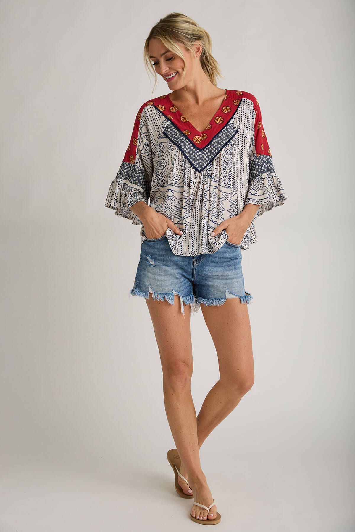 THML Mixed Print Bell Sleeve Top | Social Threads