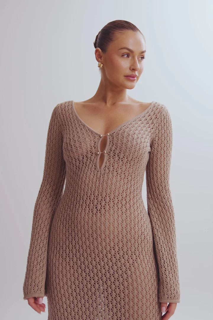 Kayleigh Crochet Fishtail Flare Sleeve Maxi Dress - Taupe | MESHKI US