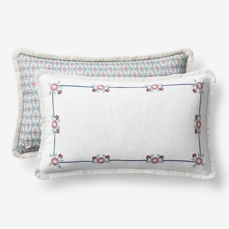 Floral Border Reversible Decorative Lumbar Pillow Cover - Ivory Multi, 12 in. x 21 in. - Blue/Ivory, Size 12 x 21Lumbar, Cotton | The Company Store | The Company Store