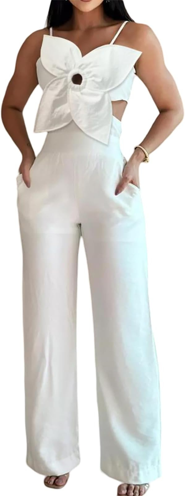 ChicMe Women Floral Pattern Jumpsuit Sleeveless Shirred Romper Casual Overall with Pockets | Amazon (US)