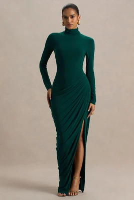 Betsy | Bottle Green High-Neck Maxi Dress With Front Split And Ruched Detailing | Club L London