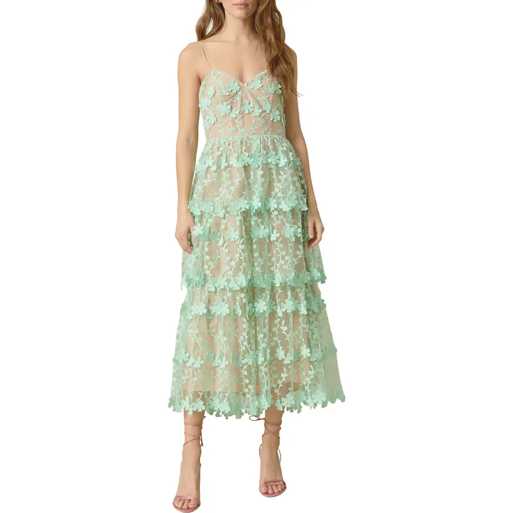 Endless Rose Floral Embroidered Tiered Lace Midi Dress in Green at Nordstrom, Size Medium | Nordstrom