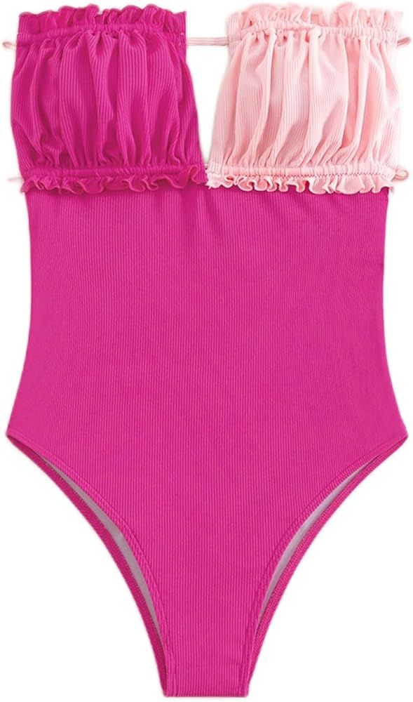 MakeMeChic Women's Strapless Bathing Suit Color Block Frill Trim Tie Back Bandeau One Piece Swims... | Amazon (US)