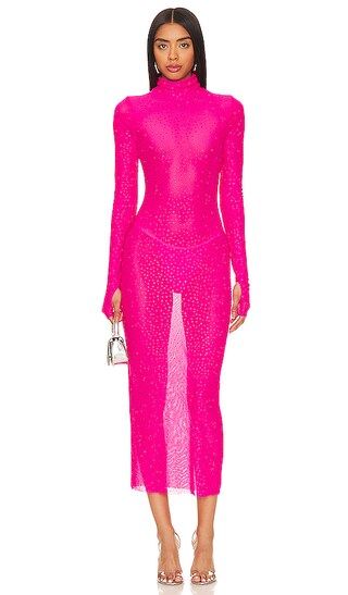 Shailene Rhinestone Dress in Glow Pink Long Sleeve Pink Dress With Sleeves Hot Pink Midi Dress | Revolve Clothing (Global)