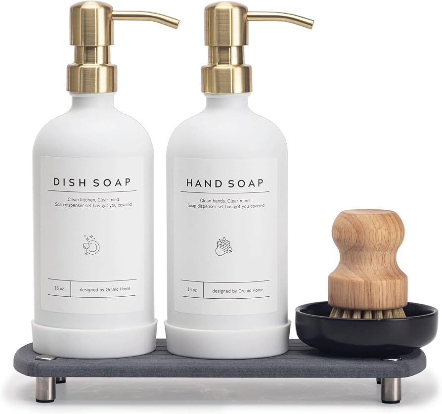 [Luxury] Kitchen Soap Dispenser Set - 16OZ White Glass Bottle, Stainless Steel Pump, Instant Dry ... | Amazon (US)