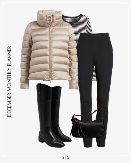 Monthly outfit planner: DECEMBER: Winter looks | metallic puffer, striped tee, ponte pant, rider boot, sling shoulder bag

See the entire calendar on thesarahstories.com ✨ 

#LTKstyletip