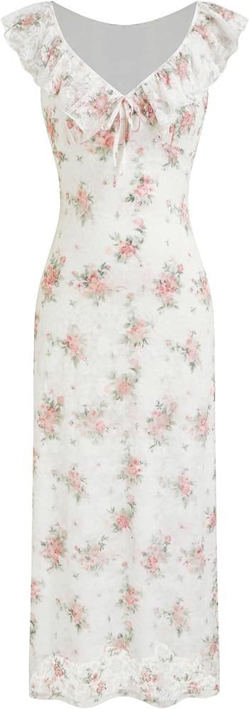 CIDER Women's Summer Floral Wedding Guest Dress Formal Ruffle Cocktail Dresses Cute V Neck Maxi D... | Amazon (US)