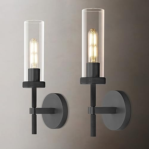 Black Wall Sconces Set of Two, 14" Bathroom Vanity Sconce Light, Glass Tube Wall Sconces, Sconces Wall Lighting Indoors, Wall Lights for Mirror, Living Room, Bedroom, Hallway (including bulb) | Amazon (US)