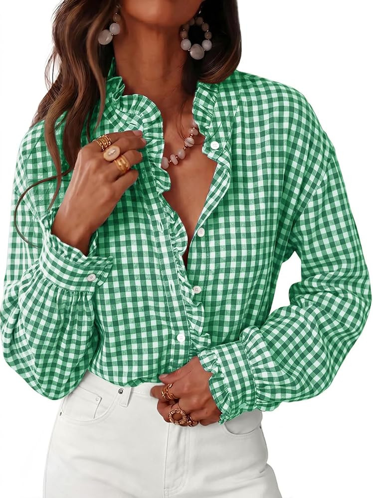 UNCLECAT Womens Plaid Button Down Shirts Ruffle Long Sleeve Gingham Tops | Amazon (US)