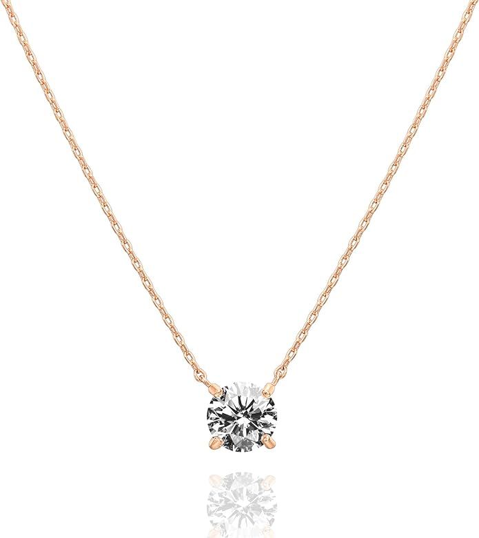 PAVOI 14K Gold Plated Crystal Solitaire 1.5 Carat (7.3mm) CZ Dainty Choker Necklace | Gold Neckla... | Amazon (US)