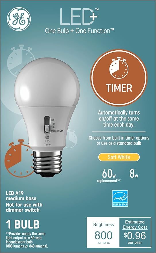 GE Lighting LED+ Timer Light Bulb, Soft White, Built-In Automatic Timer, A19 Light Bulb (1 Pack) | Amazon (US)