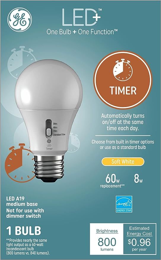 GE Lighting LED+ Timer Light Bulb, Soft White, Built-In Automatic Timer, A19 Light Bulb (1 Pack) | Amazon (US)