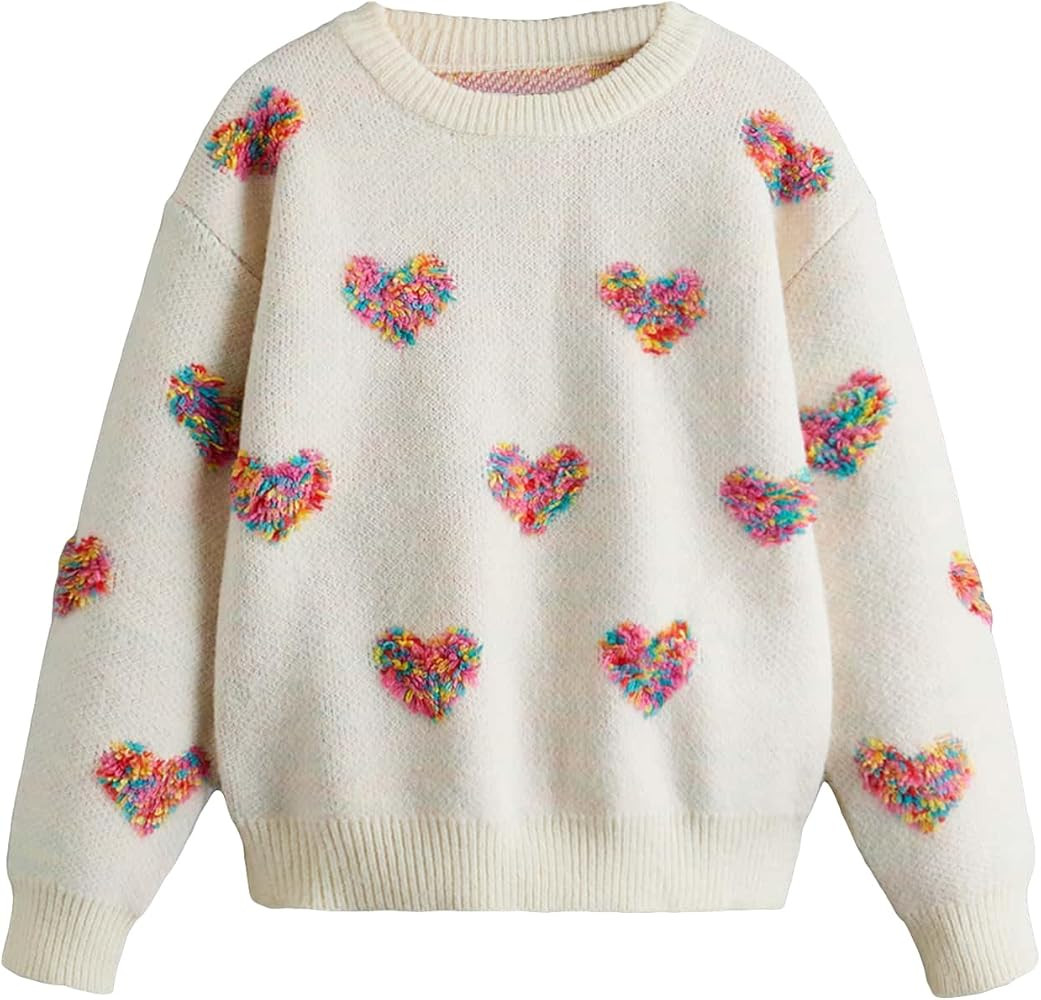 COZYEASE Girls' Heart Graphic Drop Shoulder Sweater Crewneck Long Sleeve Pullover Knitwear | Amazon (US)