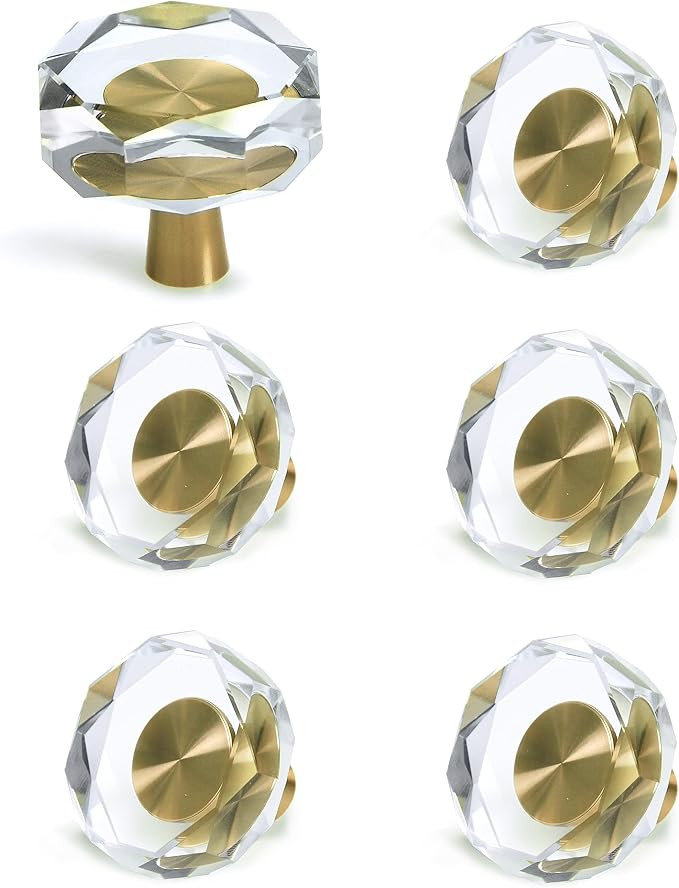 6 Pack Glass Crystal Knobs Brass Drawer Pull Cabinet Handle Gold Furniture Hardware for Dresser K... | Amazon (US)