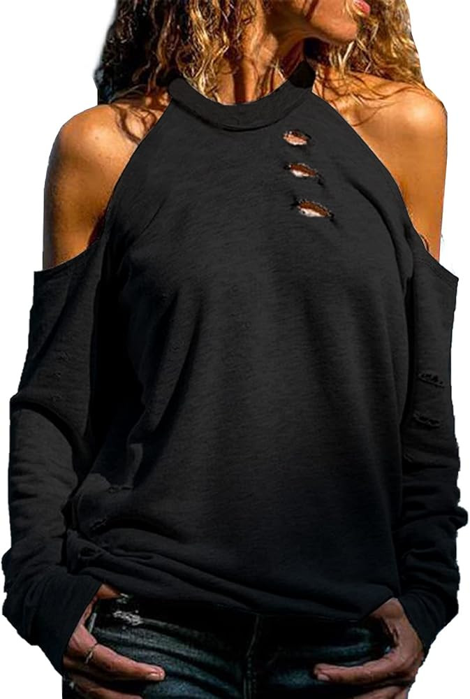 Dokotoo Women's Casual Loose Cold Shoulder Tops Halter Neck Hollowed Out Long Sleeve Shirts | Amazon (US)