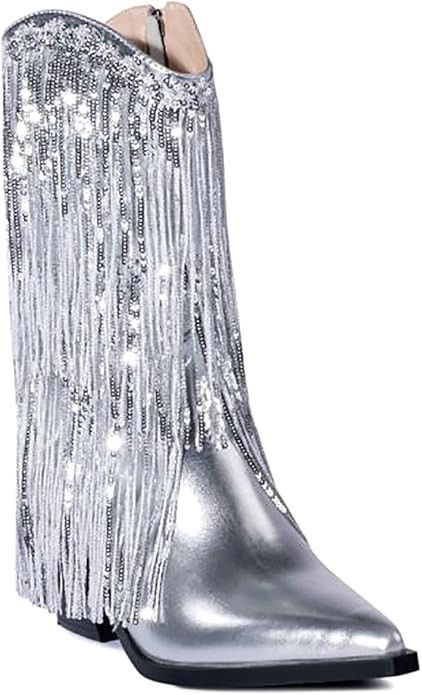 KVZFNZ Women's Cowgirl Boots Metallic Cowboy Boots Mid Calf Fringe Boots Pointed Toe Chunky Block... | Amazon (US)
