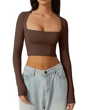 QINSEN Women's Sexy Square Neck Crop Top Long Sleeve Slim Fit Cropped T Shirts | Amazon (US)