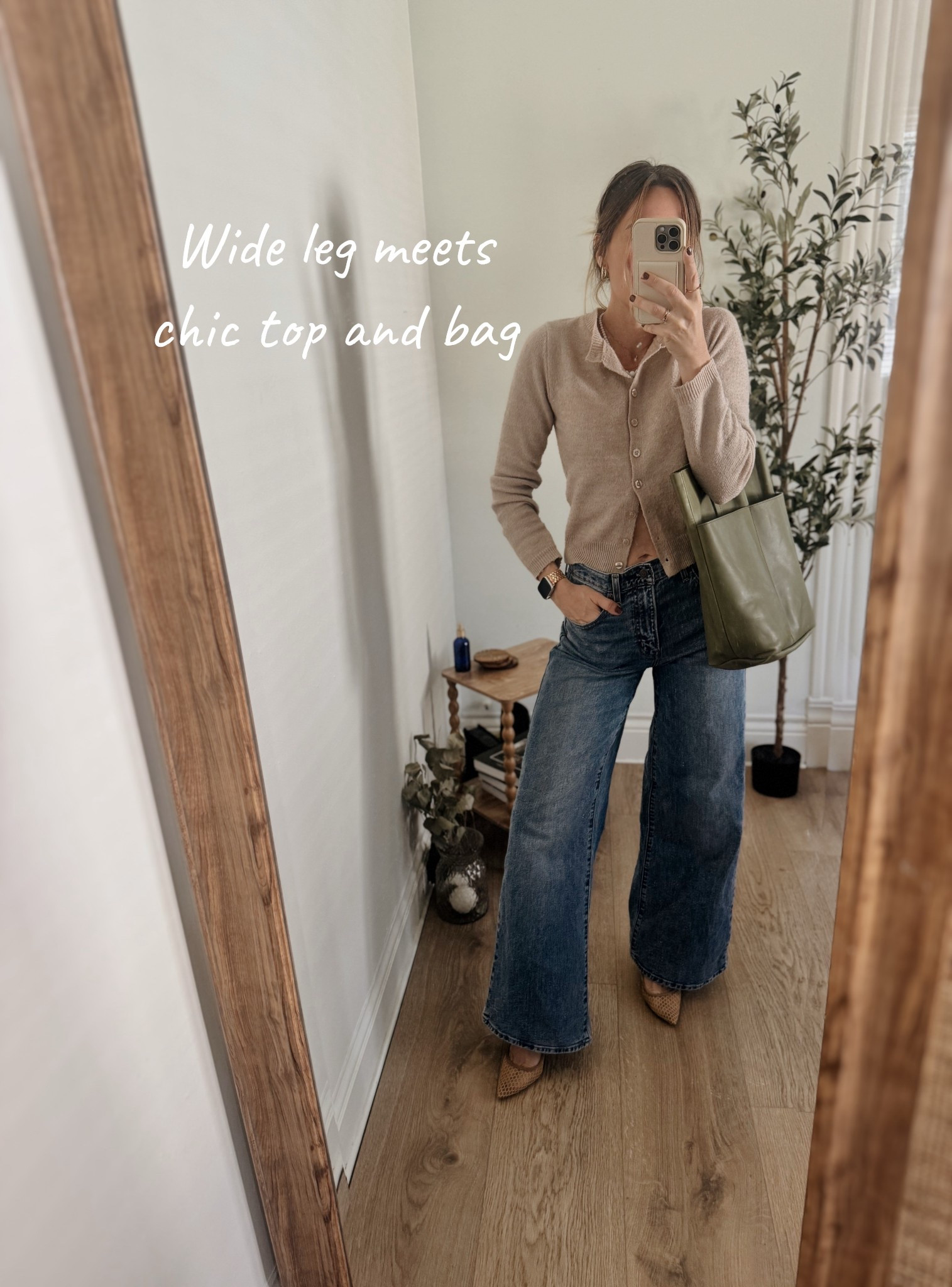 Loving the muted tones today. I love pairing a big and wide leg denim jeans with a chic form fitting top. This outfit fit nicely with a subtle pop of green leather bag 

#LTKgrwm #LTKdayinmylife #LTKootd