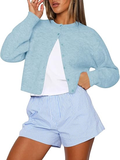 Kistore Womens Cropped Cardigan Sweaters Crew Neck Long Sleeve Button Up Sweaters Lightweight Kni... | Amazon (US)