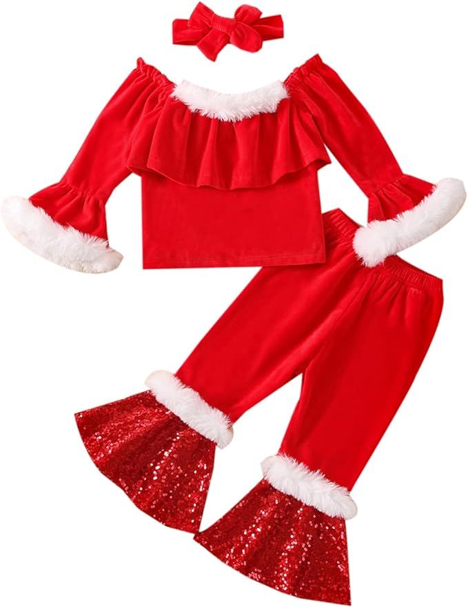 Cevoerf Toddler Baby Girl Christmas Outfits - Xmas Red Ruffle Shirts Sequins Bell Bottom Pants Ch... | Amazon (US)