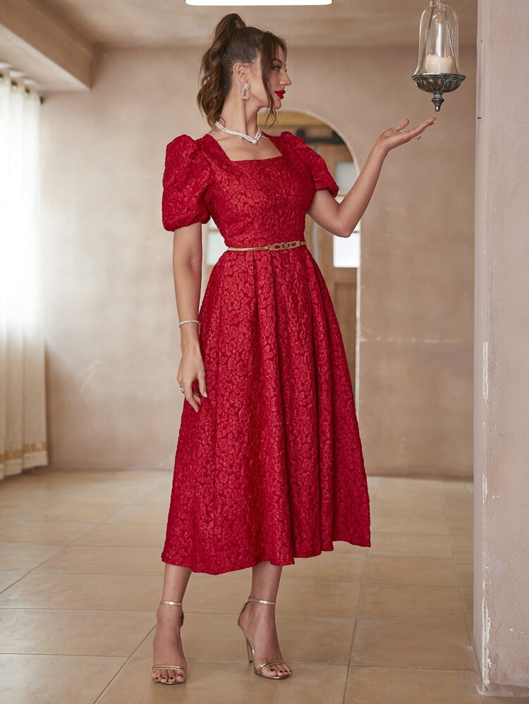 Square Neck Embossing Puff Sleeve Dress Without Belt | SHEIN