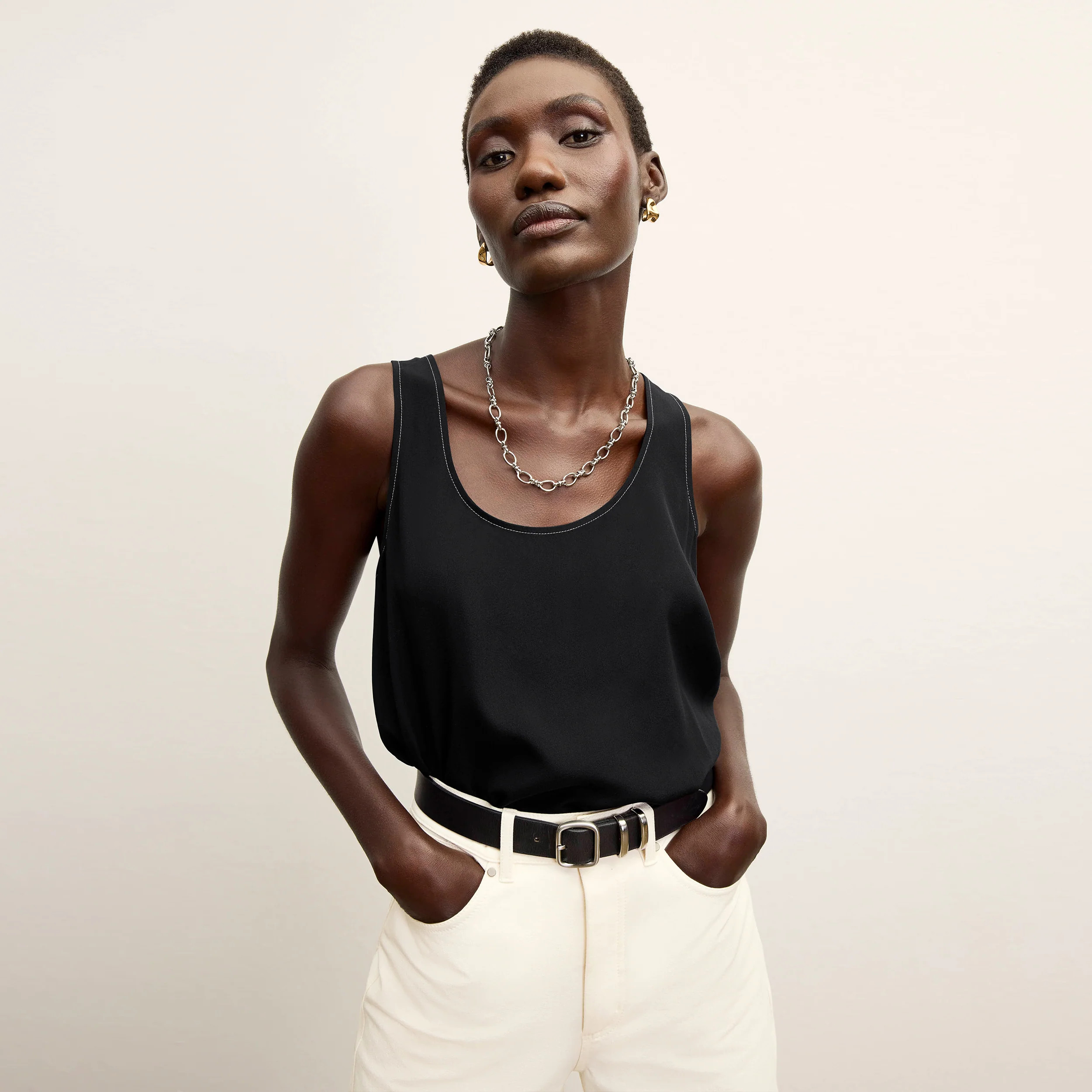 Vicky Tank - Washable Silk Top Stitch :: Black | MM LaFleur