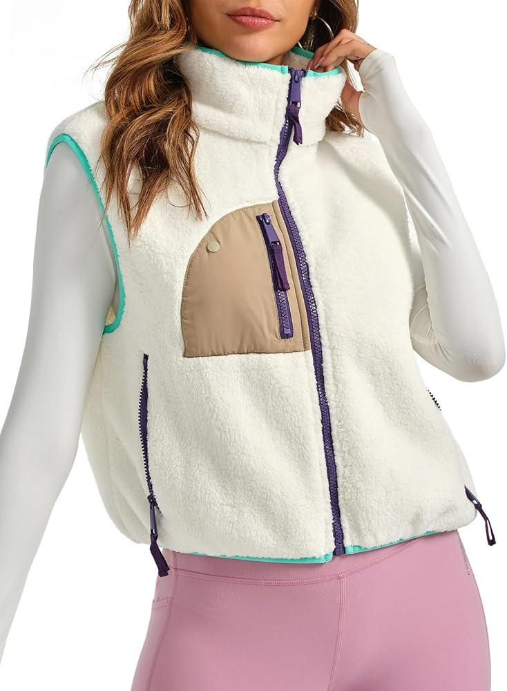 Tankaneo Womens Fleece Vests Outerwear Cropped Color Block Sherpa Zip Up Sleeveless Gilet Jackets... | Amazon (US)