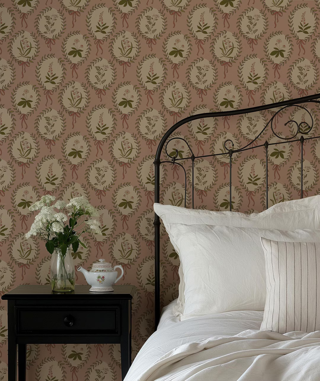 Vintage Botanical Wallpaper, Pink Floral Wallpaper, Cozy Cottagecore, Peel and Stick, Renter Frie... | Etsy (US)