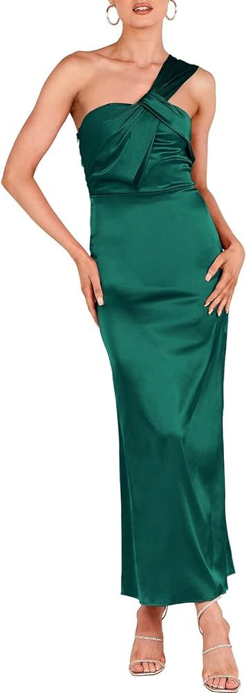ANRABESS Women's Satin One Shoulder Wedding Guest Bodycon Dress Cocktail Evening Party Maxi Dress... | Amazon (US)
