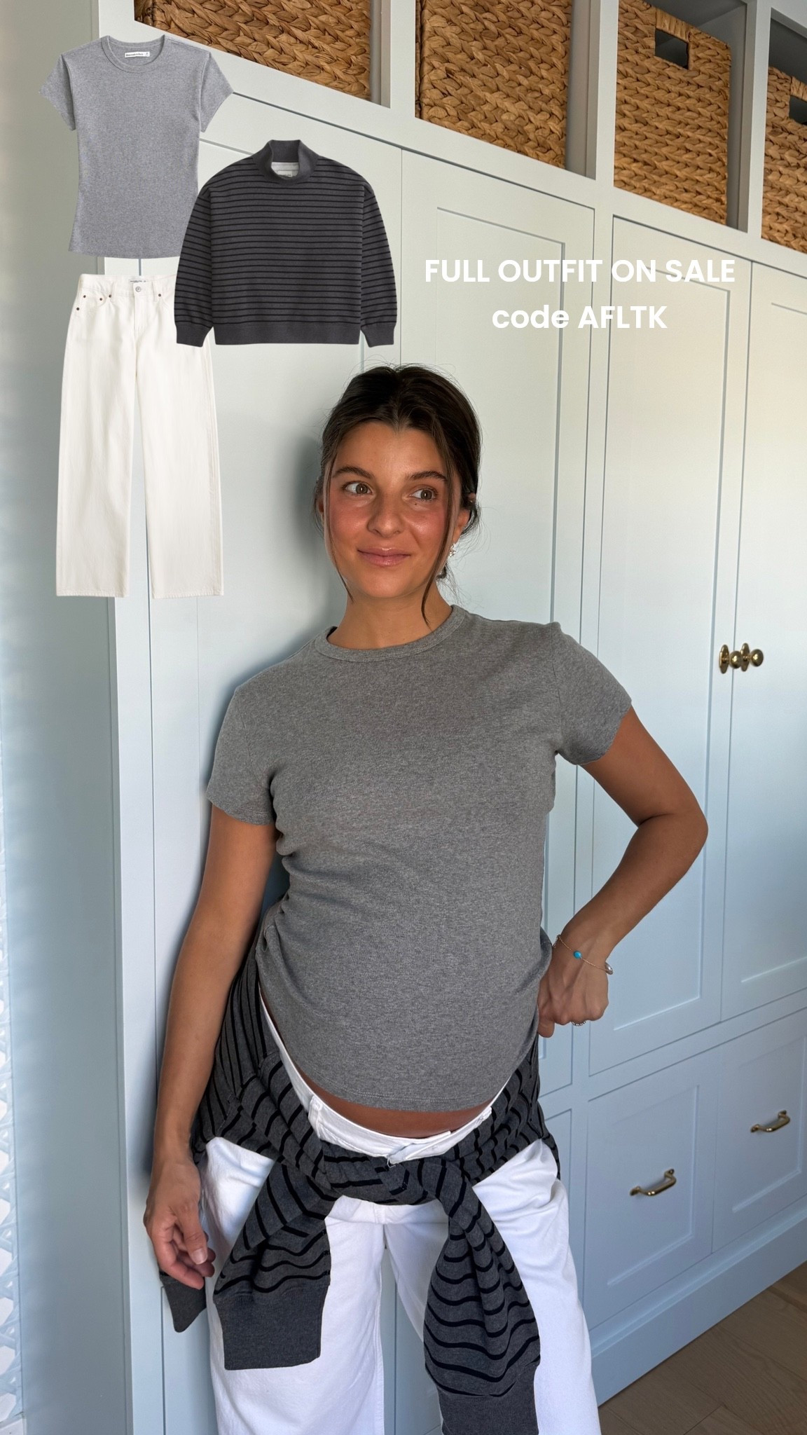 [10/10/26] @abercrombie currently 30% off all sweatshirts/sweaters + stackable 20% off with code AFLTK! 

This photo was back in August in my third trimester - wearing 29 short in jeans, medium in tee, and small in sweatshirt! Sweatshirt is fully stocked in SO many colors and baby tee is 100% cotton and long enough to cover the belly 🖤

*Offer valid online only October 10, 2026 to October 13, 2026 in US/CA. Offer applies to select styles as indicated. Online price reflects discount.
*Use code AFLTK to get an additional 20% off almost everything in stores and online at checkout from October 10, 2026 to October 11, 2026 in US/CA. Exclusions apply. See details online.