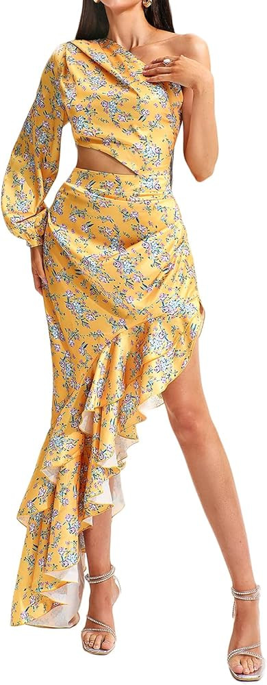 Purple Ruched Floral Dress for Women One Shoulder Bodycon Dress Cut Out Dress | Amazon (US)