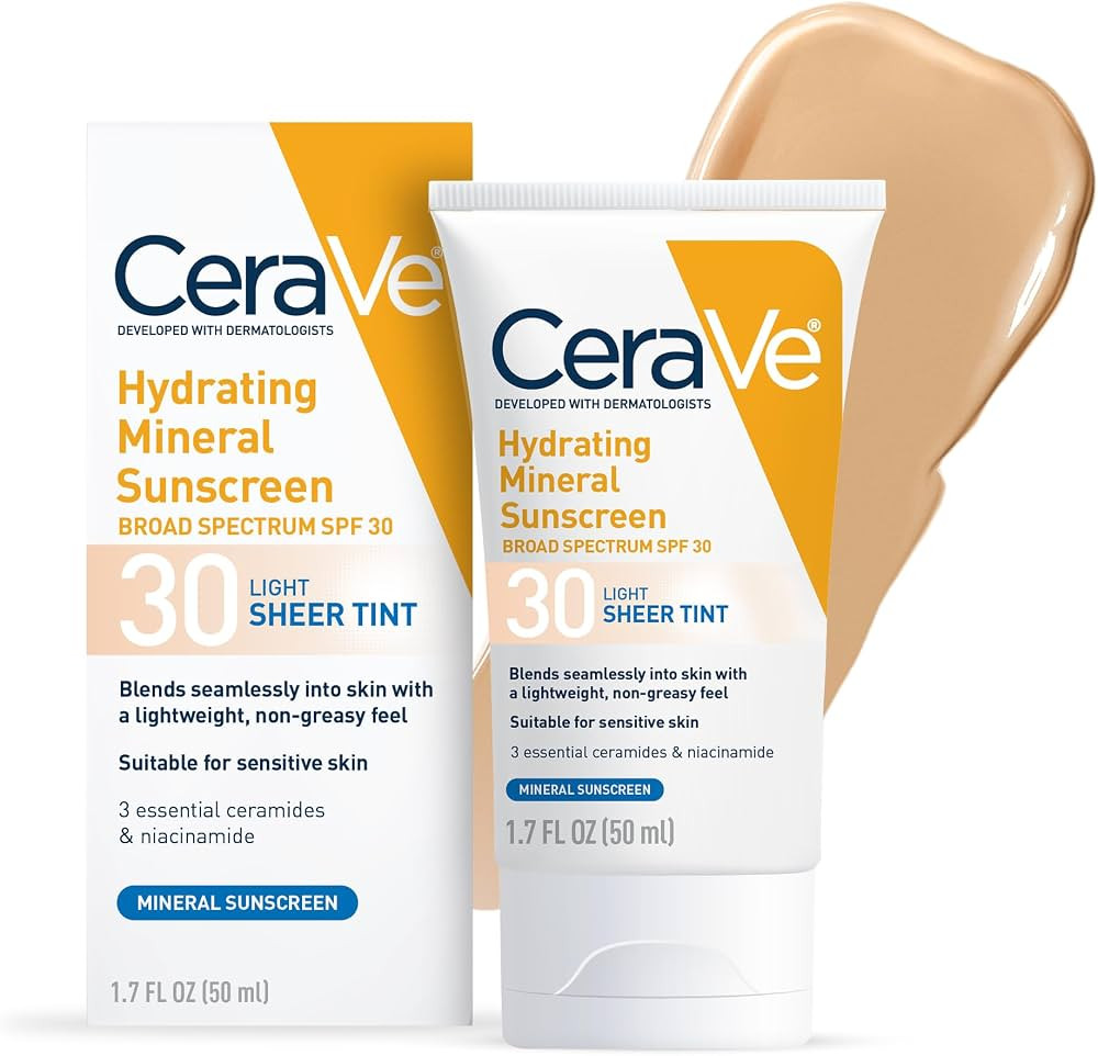 CeraVe Hydrating Mineral Sunscreen SPF 30 with Sheer Tint, Tinted Mineral Sunscreen with Zinc Oxi... | Amazon (US)