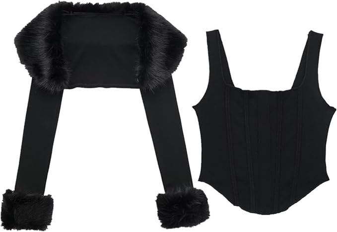 XPONNI Two-Piece Set Fur Trim Y2k Cardigan Crop Top Fluffy Top Womens Y2k Cropped Knit Bolero Dre... | Amazon (US)