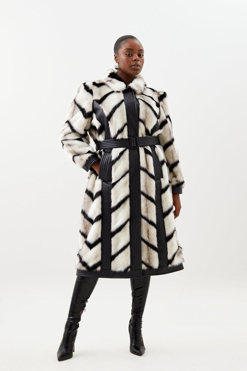 Plus Size Panelled Stripe Faux Fur Pu Belted Long Coat | Karen Millen UK + IE + DE + NL