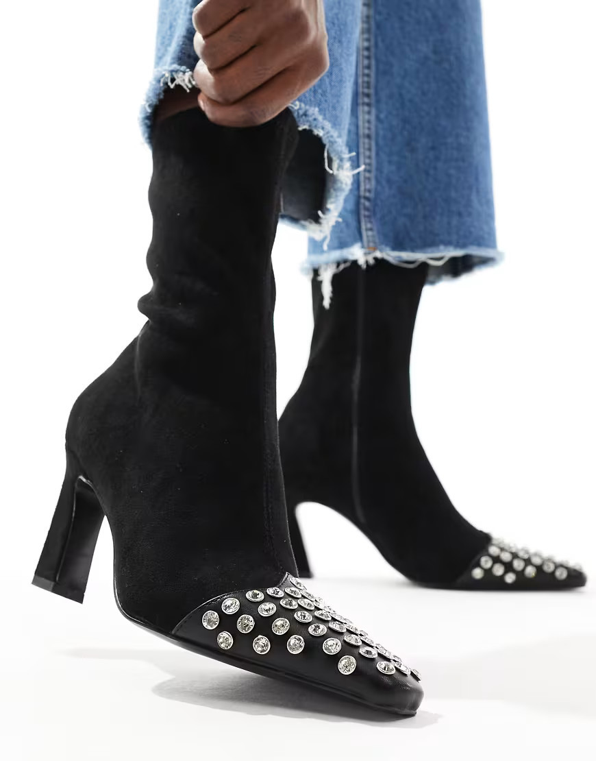 ASOS DESIGN Rosie mid-heel sock boot in black with studded toe-cap-Multi | ASOS (Global)