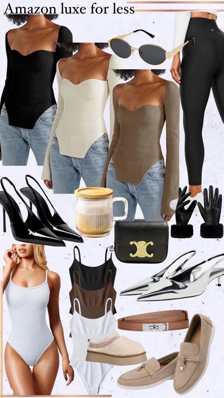Amazon luxe finds for less, Designer Dupes,  fashion heels, Khaite tops dupe , Celine, luxe leather winter gloves, Bidysuits tummy support. 

#LTKstyletip #LTKsalealert #LTKshoecrush
