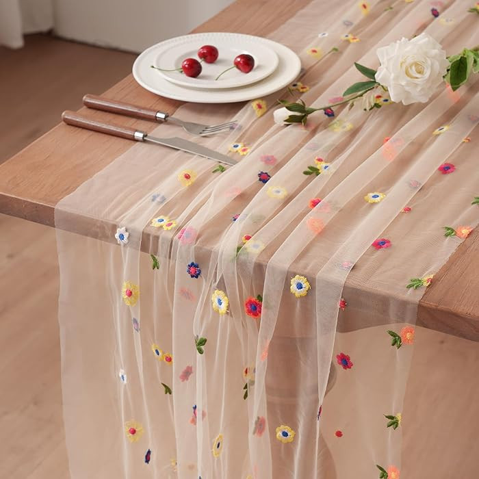 Champagne Embroidery Daisy Table Runner 10ft 120 Inch Fall Florals Gauze Tulle Sheer Cheesecloth ... | Amazon (US)