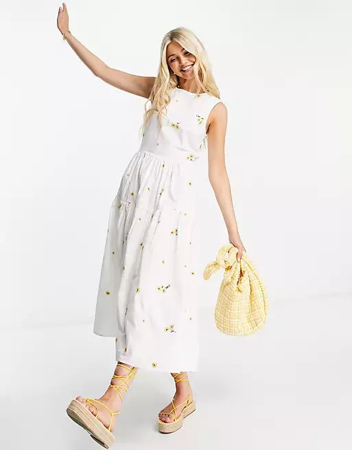ASOS DESIGN cotton tiered midi dress with floral embroidery in white | ASOS (Global)