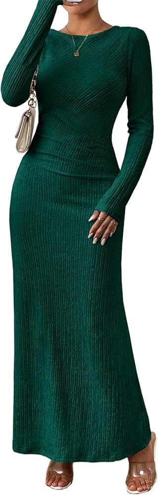 MITILLY Fall Dress for Women 2024 Long Sleeve Maxi Dress Formal Crew Neck Bodycon Ruched Textured... | Amazon (US)