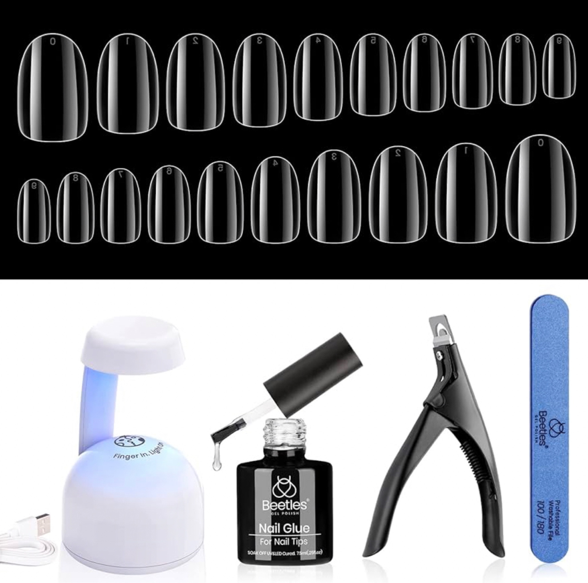 Oval gel nail tips kit with glue, lamp and tools