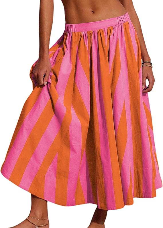 Hongsui Women's A Line Rainbow Striped Maxi Skirt Elastic Waist Flowy Beach Vacation Summer Skirt | Amazon (US)