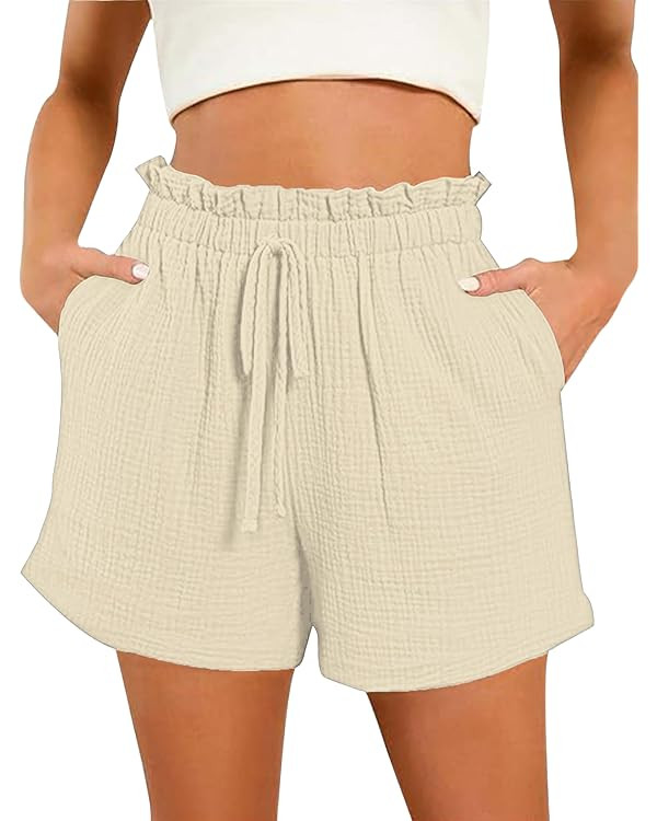 Bsubseach Shorts for Women Cotton Wide Leg Drawstring Shorts with Pocket Summer Casual Ruffle Wom... | Amazon (US)