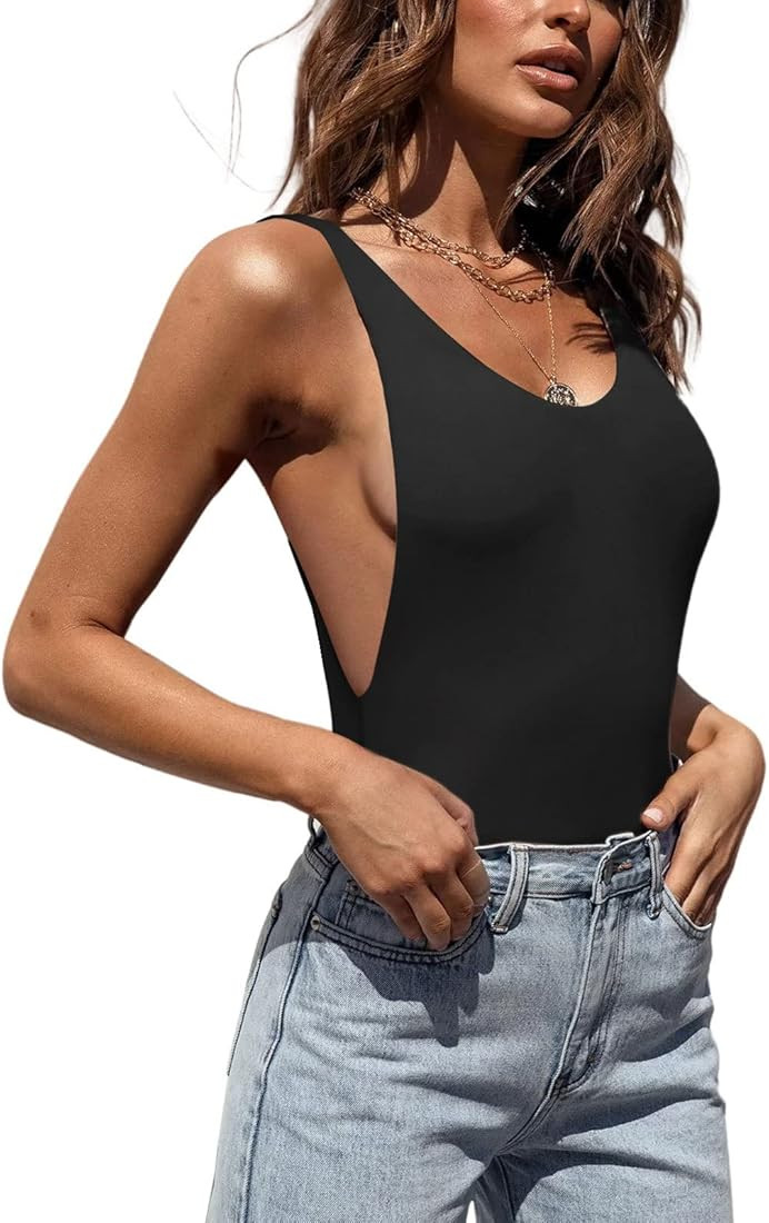 REORIA Women’s Sexy Scoop Neck Backless Sleeveless Double Lined Thong Tank Tops Bodysuits | Amazon (US)