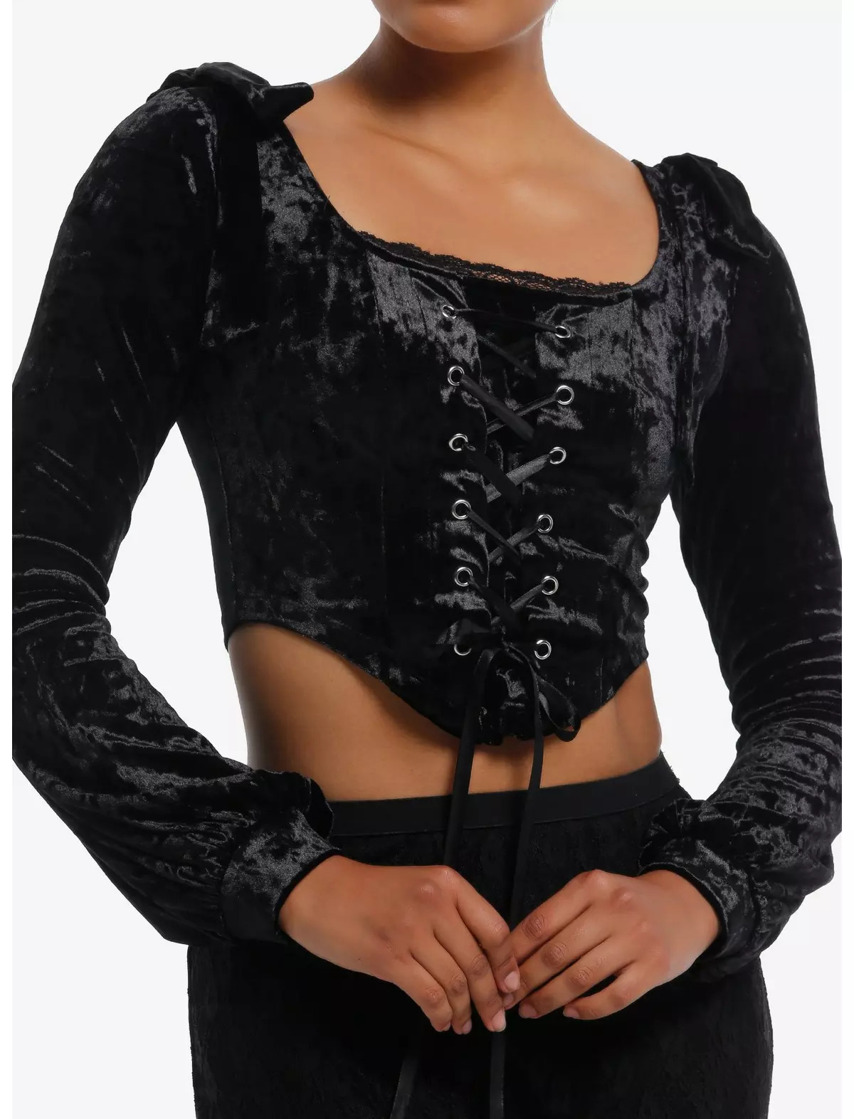 Cosmic Aura Black Velvet Lace-Up Girls Crop Long-Sleeve Top | Hot Topic