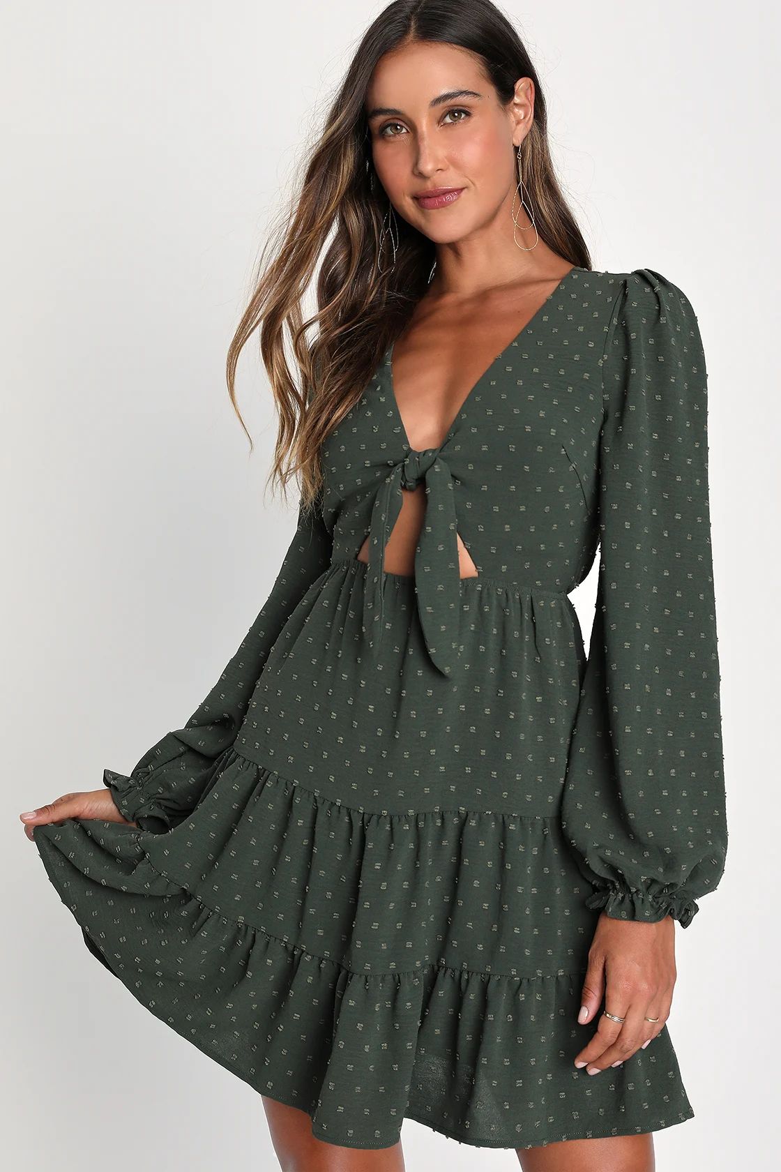 Darling Personality Olive Green Swiss Dot Tie Front Mini Dress | Lulus
