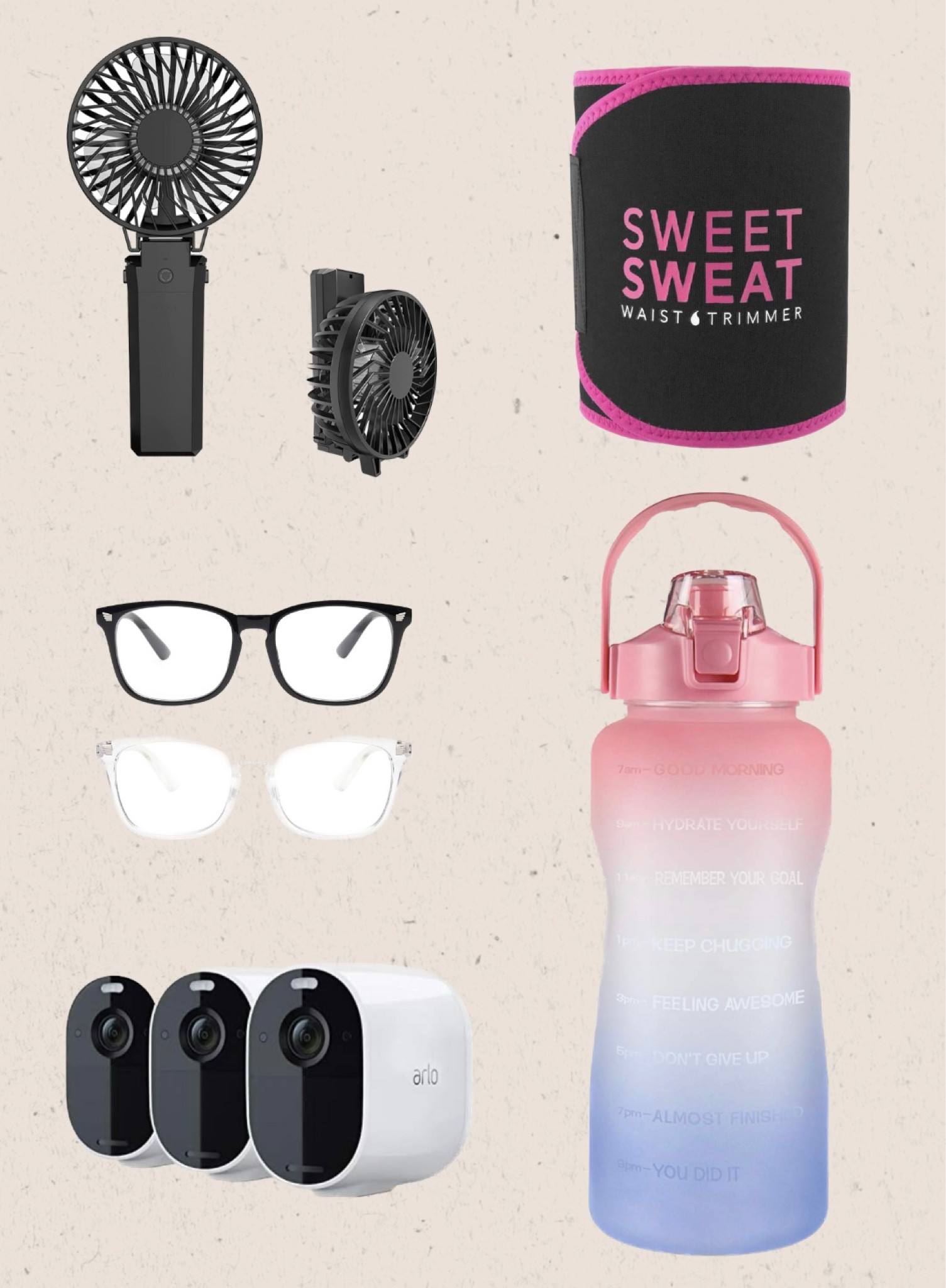 A few of the products I use in my daily life and post about frequently! The fan is rechargeable by usb cable and clips/folds. I ordered a Small in the Sweet Sweat band, it fits me perfectly (true to size), I wear my blue light glasses at work every day and post selfies in them all the time. My Arlo cameras are on mega sale and are a steal! We have 6 of them and they last on one charge forever. Last but not least, my infamous 64 oz water bottle is my biggest must have!

#LTKhome #LTKsalealert #LTKunder50